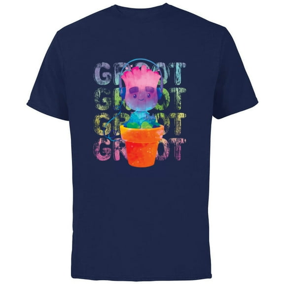 Marvel Groot Headphones & Flowerpot Rainbow Colors - Short Sleeve Cotton T-Shirt for Adults - Customized-Navy