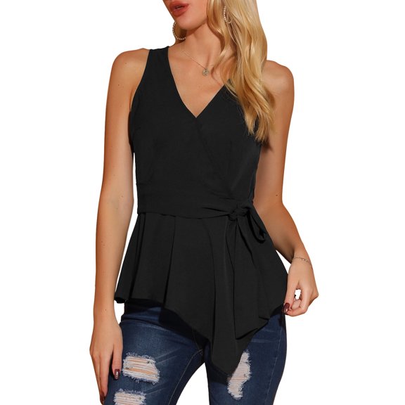 INSPIRE CHIC Women's Summer Sleeveless V Neckline Wrap Tie Waist Tops XL Black