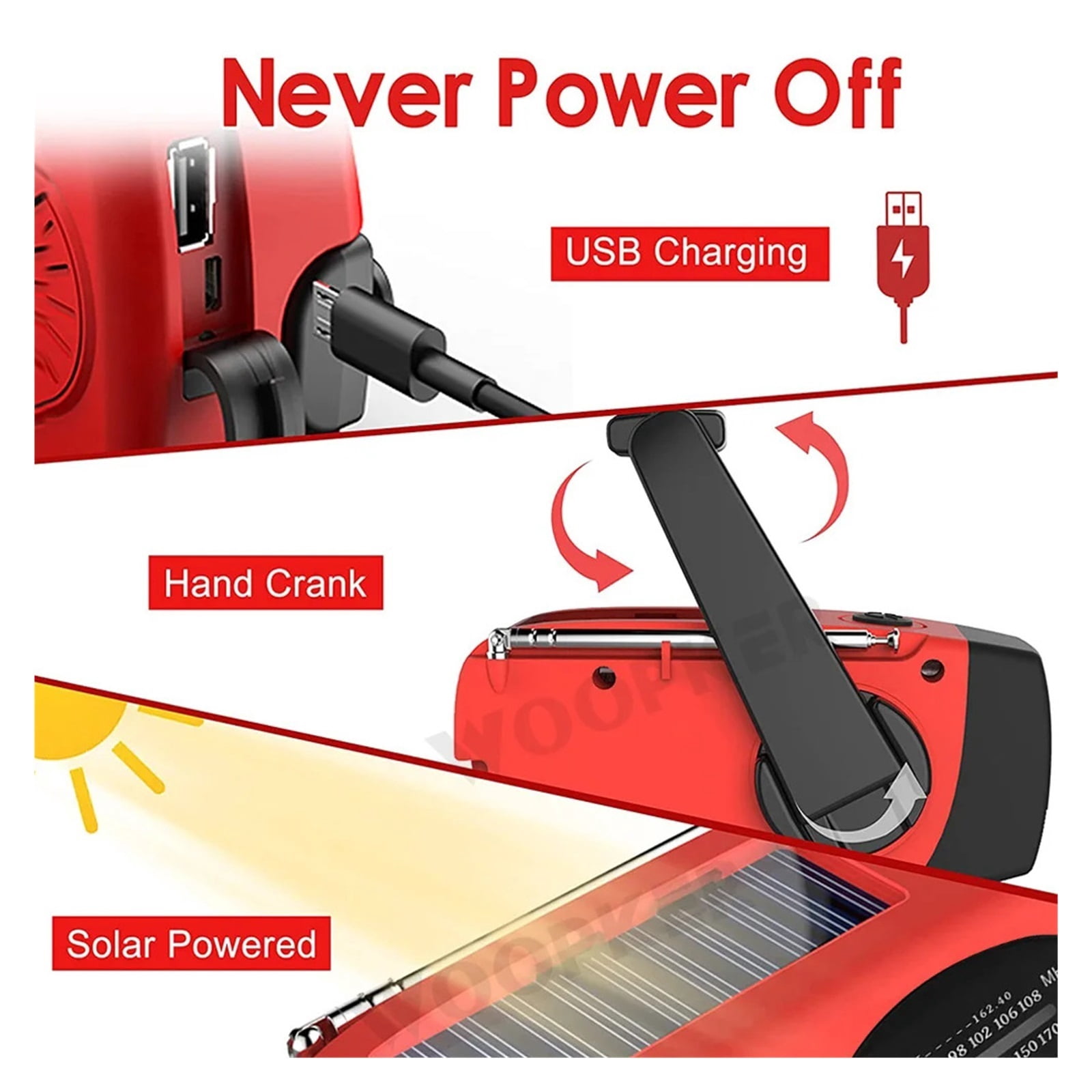 Multifunction Radio Solar Hand Crank FM /AM WB Weather Radios Emergency Flashlight 2000mAh Power Bank ,Portable