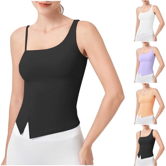 ZyeKqe Built in Bra Tank Tops for Women Sleeveless Workout Shirts Asymmetrical V Neck Yoga Top Slim Fitted