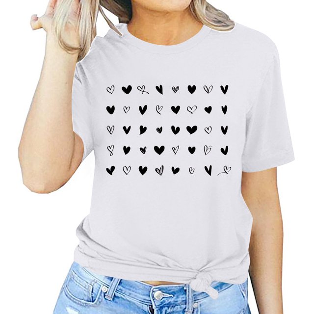 Meichang T-Shirts de la Saint-Valentin pour Femmes, Imprimé Cœur, Coupe Ample, Manches Courtes, Col Rond, Décontracté, Printemps, Cadeaux de Vacances