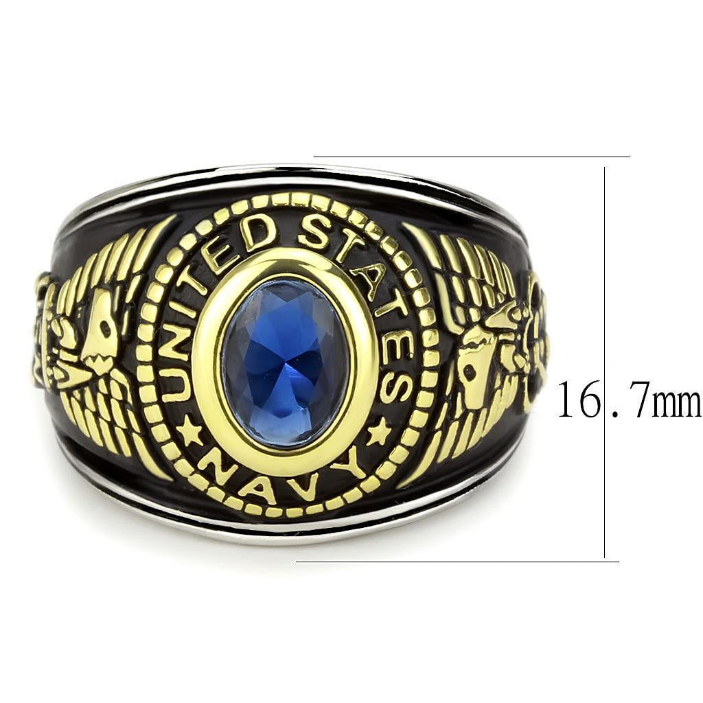US Navy Ring for Men and Women Unisex Stainless Steel Military Patriotic Ring in Black Gold with Blue Stone