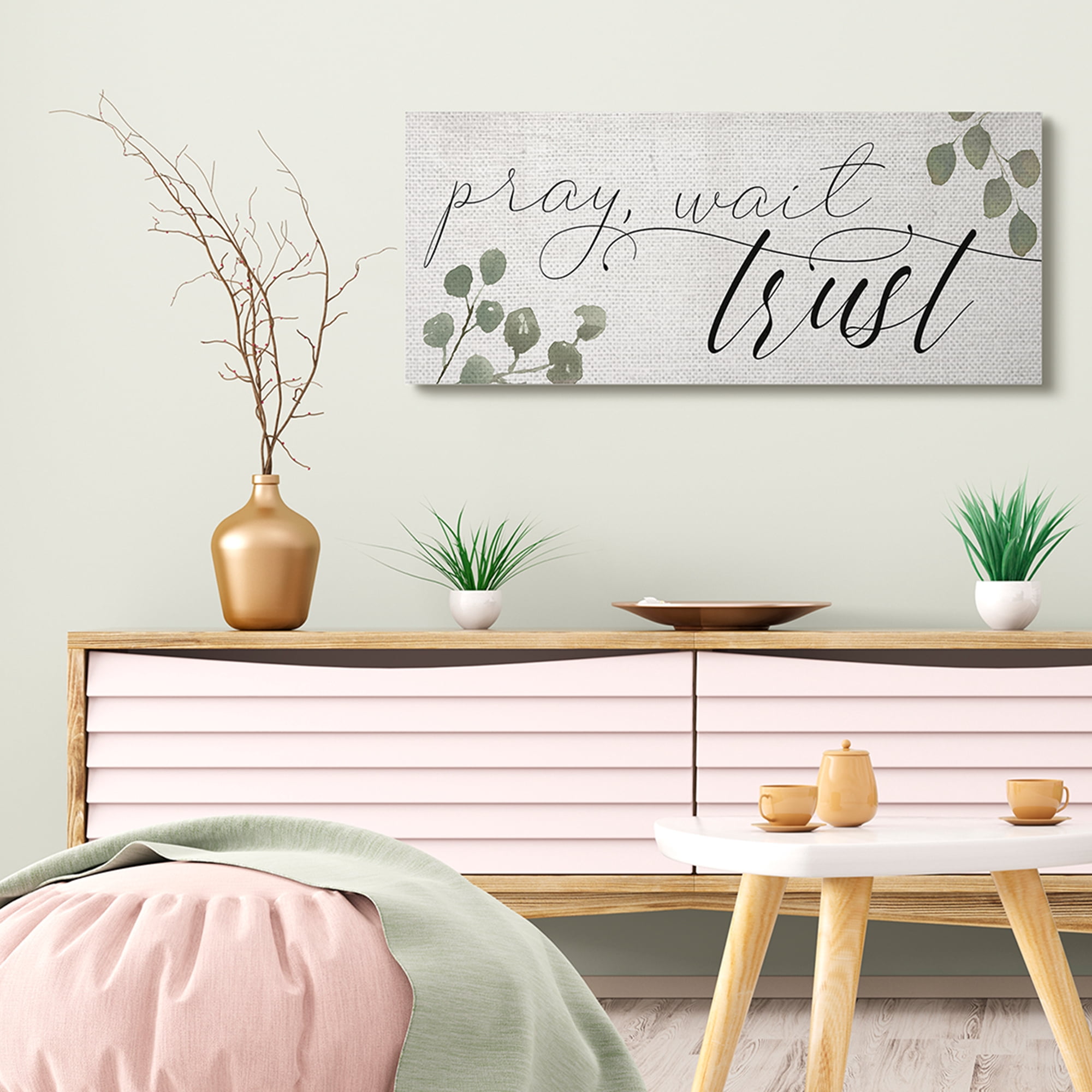 Stupell Industries Pray Wait Trust Phrase Peaceful Eucalyptus Branches Canvas Wall Art, 17 x 40, Design by Daphne Polselli