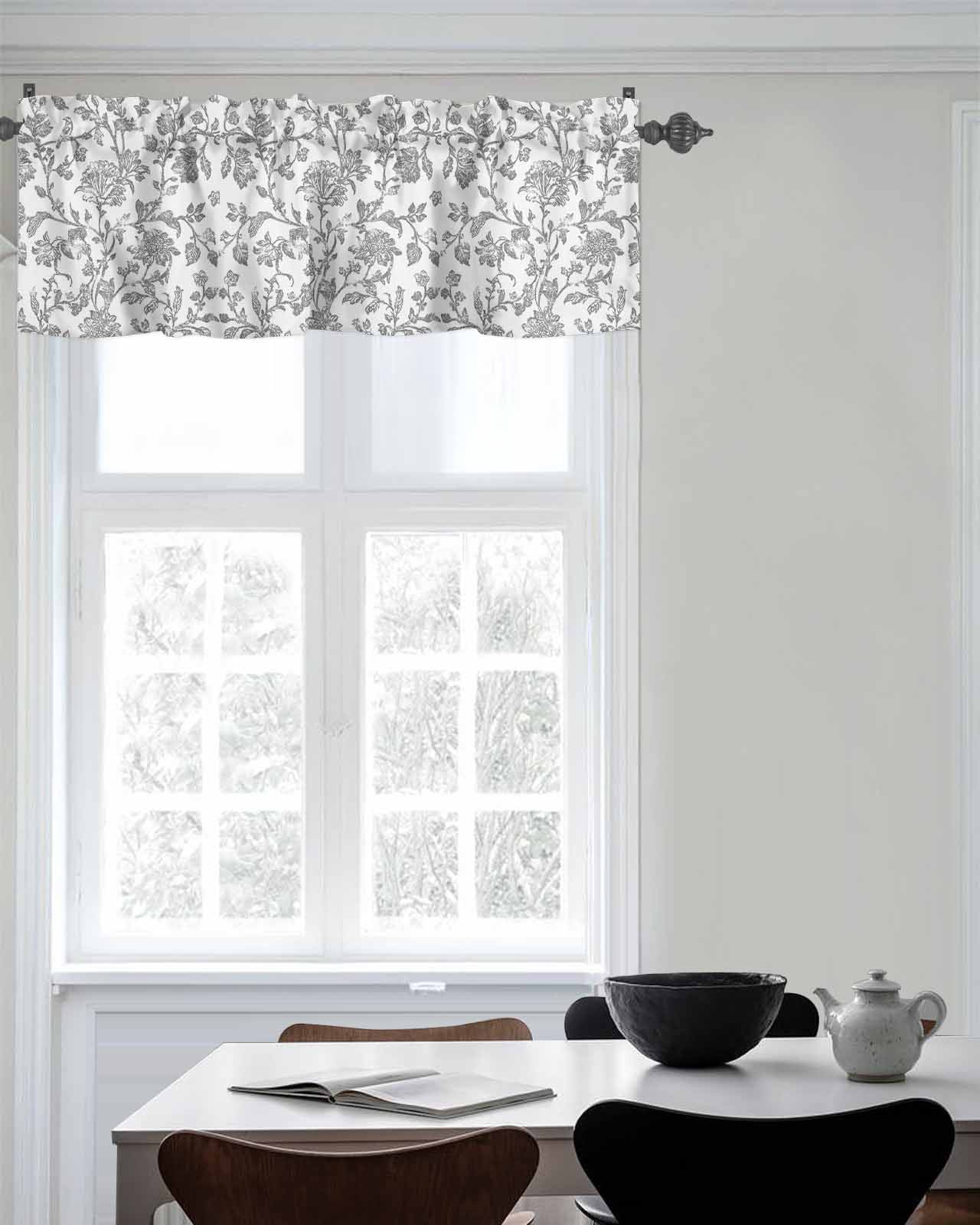 Retro Light Grey Farmhouse Floral Curtain Valances for Kitchen Windows,Rod Pocket Short Valance Pastoral Flowers Window Treatment for Living Room Bathroom Bedroom,42" x 18"-1 Panel