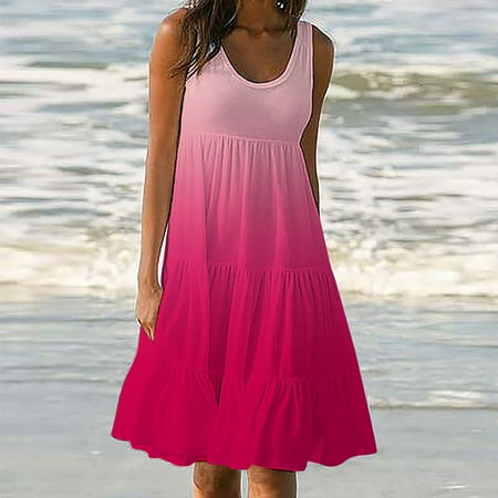 

YanHoo Women s Summer Dresses Gradient Print Sleeveless Crew Neck Sundress Loose Casual Beach Swing Dress with Pockets