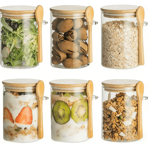 QOPR 6-Piece Glass Food Storage Jar Set with Airtight Bamboo Lids and Spoons, Borosilicate Kitchen Storage Containers