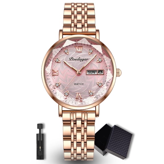 POEDAGAR Women's Stainless Steel Elegant Quartz Watch, Floral Dial Design with Date, Dress Wristwatch