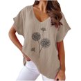 thumbnail image 1 of Hauts d'Été pour Femmes Col en V Imprimé Coton Lin Manches Courtes T-Shirts Décontractés Légers Blouse Habillée, 1 of 6