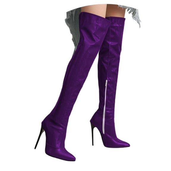 Boots for Women,Stylish Over The Knee High Heel Boots Glossy Pointed Toe Design for Evening Party Carnival and Night Out Events,Knee High Boots Women,Purple,9