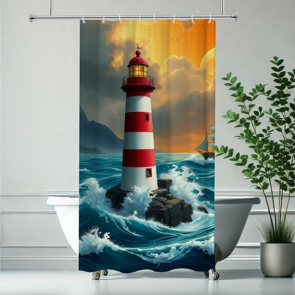 RKSupls Waterproof Shower Curtain, Red White Lighthouse Stormy Sea Ship Polyester Shower Curtain with Hooks for Chic Elegant Home Bathtub Bathroom Decor Washable Curtains