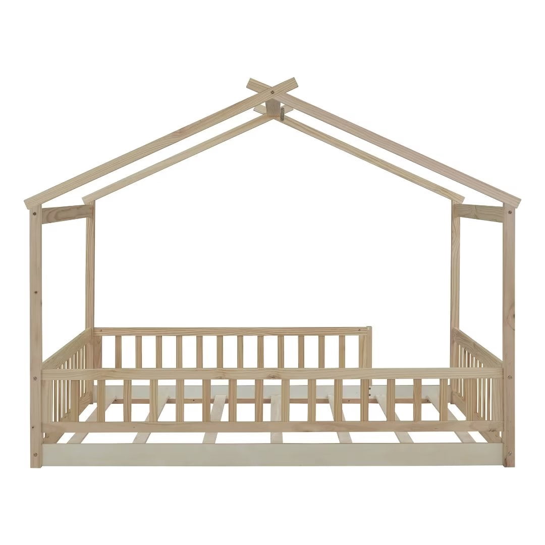 Full Size Montessori Bed for Kids, Wood Floor Bed Frame, House Bed Frame with Fence & Roof, Solid Wood Playhouse Bed for Girls Boys Teens, Natural