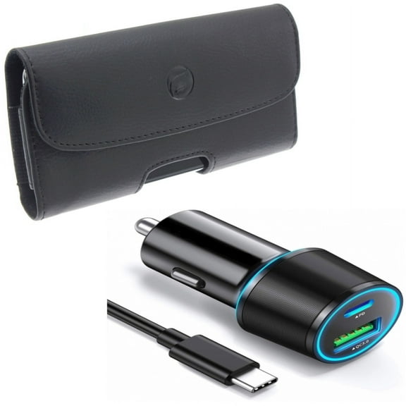 Case Belt Clip & Quick Car Charger for iPhone 15 Pro Max - Leather Holster Cover Loops and 36W 2-Port USB Cable Type-C PD Power Q3P for iPhone 15 Pro Max (6.7")