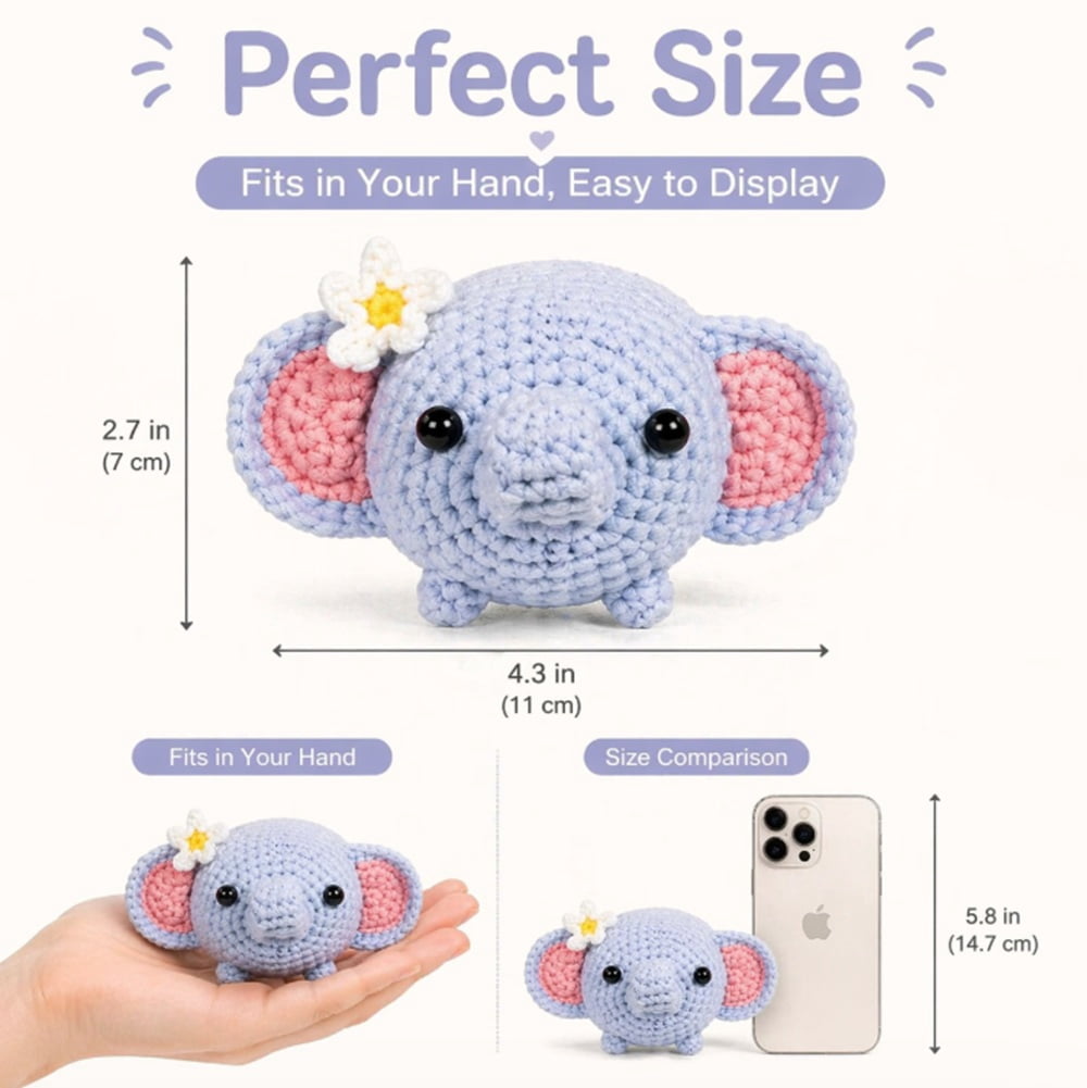 Elephant Crochet Kit for Beginners, 1 Pack Amigurumi Starter Set with Step by Step Video Tutorial, TIKA