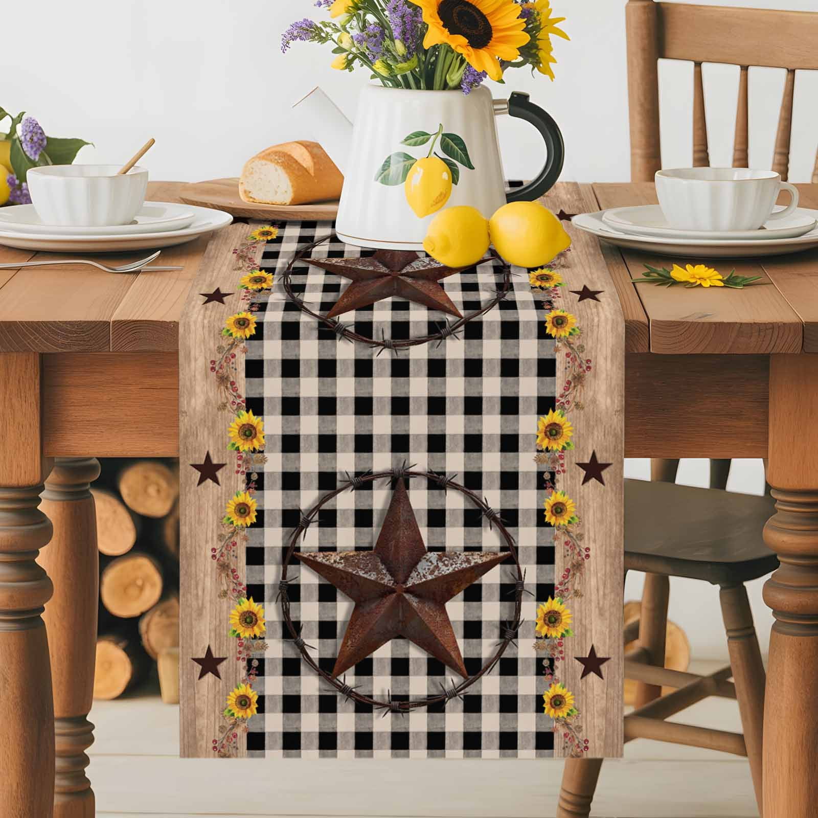 Western Star Farm Sunflower Table Runner 90 Inches Long, Vintage Wood Grain Black Buffalo Plaid Table Runners Tabletop Scarf Kitchen Dining Tables Decoration for Home Party Indoor Outdoor