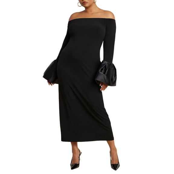 ELOQUII Women's Plus Size Off Shoulder Cuff Detail Maxi Dress