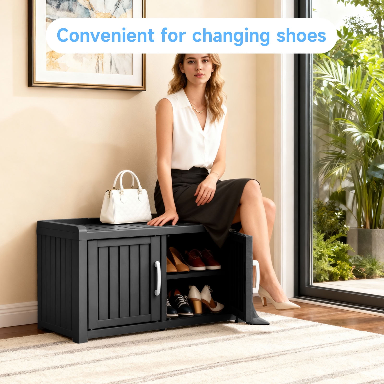 MAYEERTY Two-Door Mini Entry Shoe Storage Cabinet, Weatherproof Shoe Organizer with Removable Layers