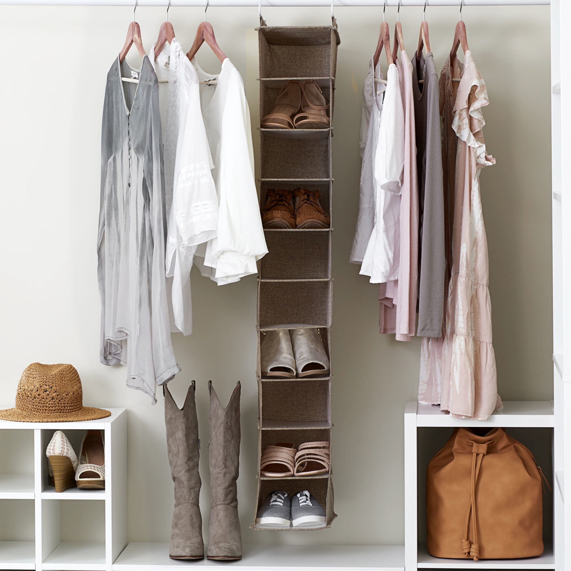 Household Essentials 10 Shelf Hanging Closet Organizer, Wide Hanging Shelf with Hooks, Fabric and PEVA Shelving