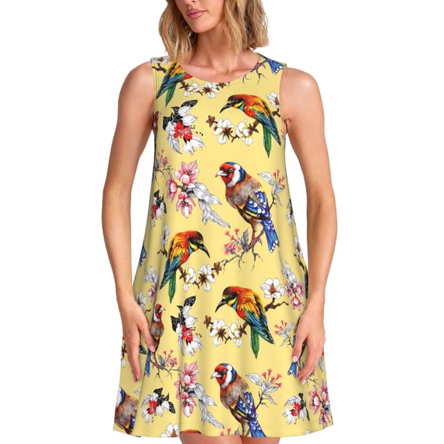 Fotbe Bright Birds Vestido de Verano sin Mangas para Mujer – Vestido Midi Línea A, Estilo Camiseta Floral, Vestido Playero Casual y Fluido
