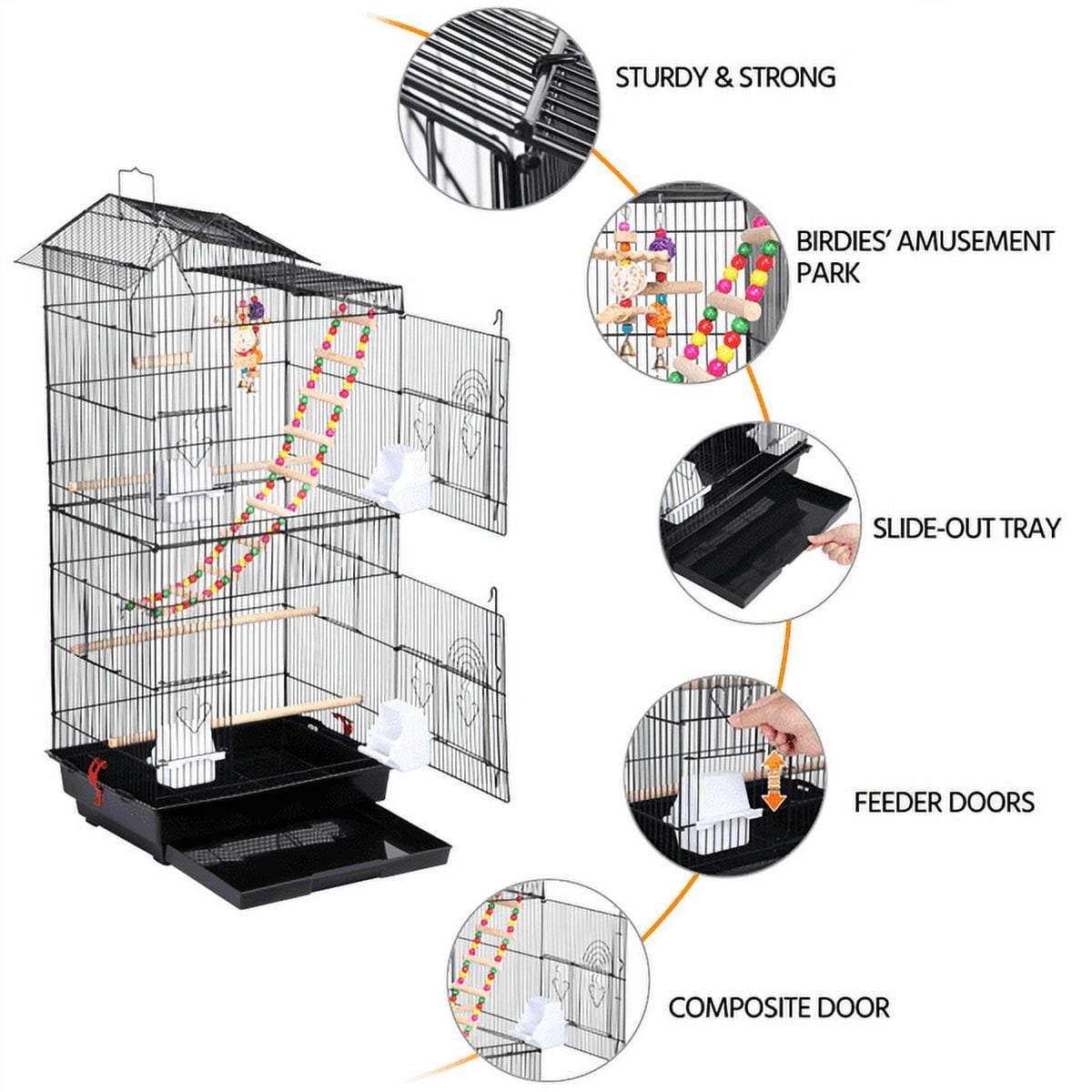 Alden Design 39" Metal Large Roof Top Parrot Cage, Black