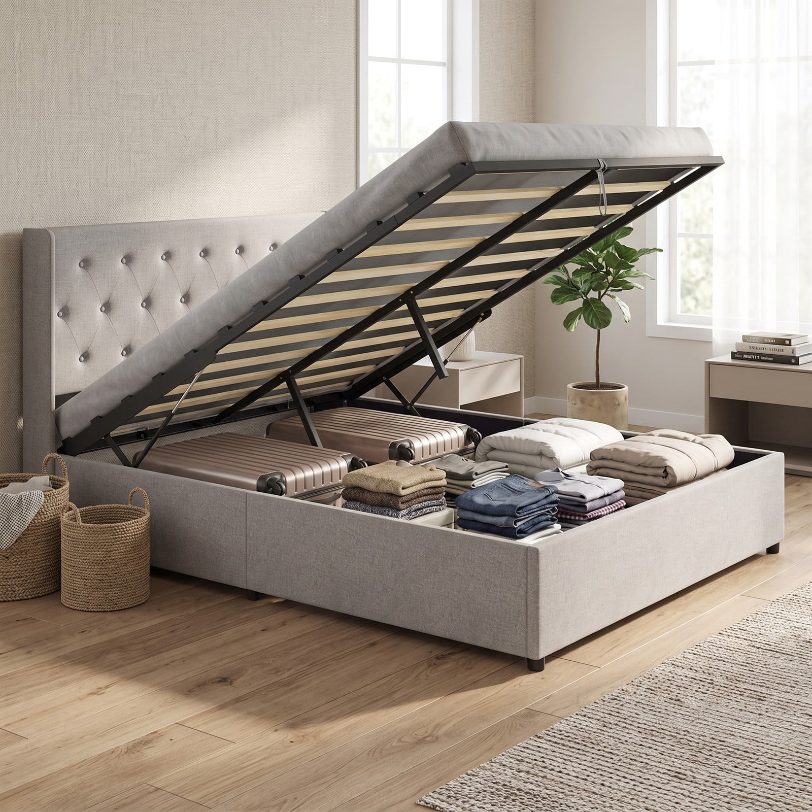 Furnibear Queen Size Bed Frame with Storage, Lift Up Upholstered Platform Bed Frame with Tufted Wingback Linen Headboard, Gray