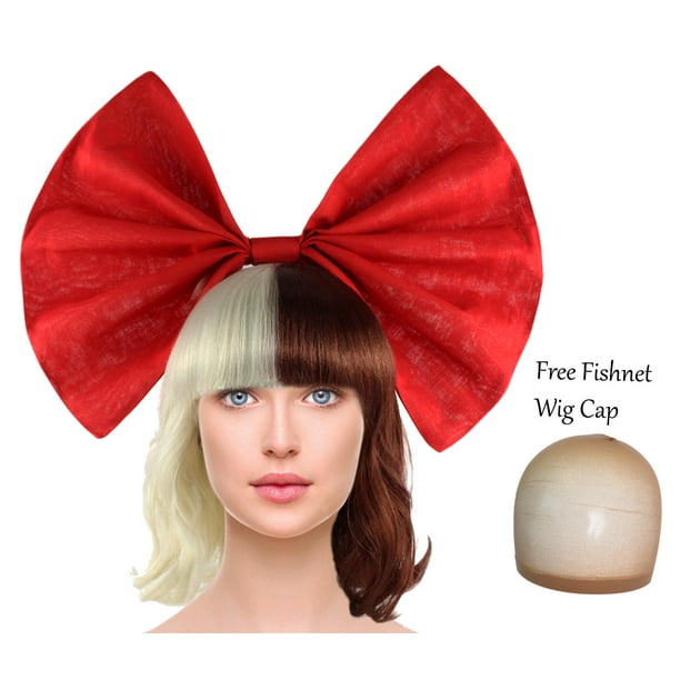 Two Tone Short Curly Wigs With Bangs Red Bowknot For Cosplay Costume Halloween Half Blonde Half Brown Walmart Com Walmart Com
