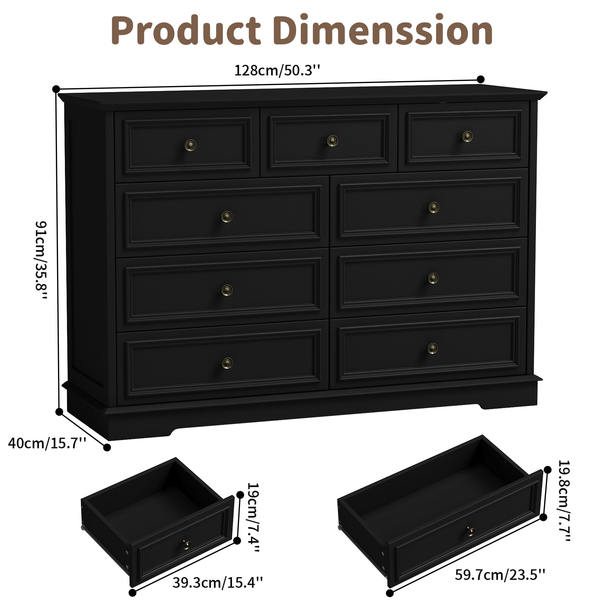 9 Drawer Chest of Drawers, Tall Storage Dresser Organizer, Modern Storage Cabinet Dresser Organizer Unit with Antique Bronze Round Handles for Living Room, Black