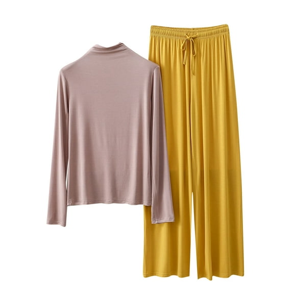 Wyobmus Women's Long Sleeve Panjama Sets 2 Piece Sleepwear Soft Modal High Neck Casual Tops and Lounge Pants Solid Color Classic Sleeping Pj Set With Pockets Yellow