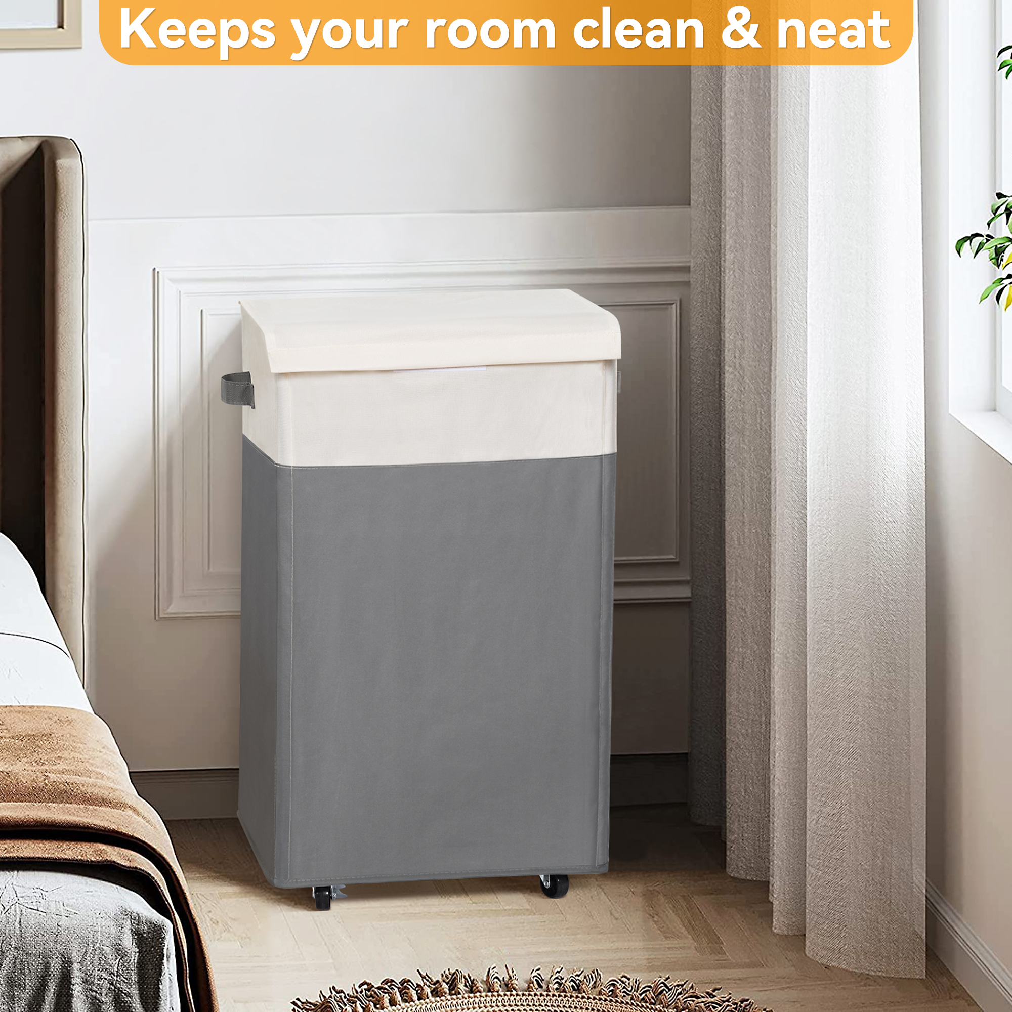 BGTREND 90L Rolling Laundry Hamper with Lid, Gray & Beige photo 7