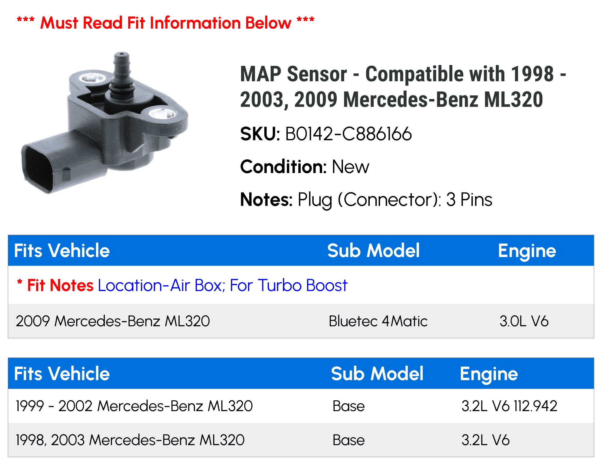 MAP Sensor - Compatible with 1998 - 2003, 2009 Mercedes-Benz ML320 1999 2000 2001 2002