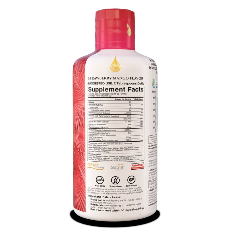 Tropical Oasis Liquid Collagen Revive + Glow, Hydrolyzed Collagen Peptides and Biotin Liquid Vitamin for Skin Elasticity, Hair Growth and Strong Nails, 32 Oz, 32 Servings