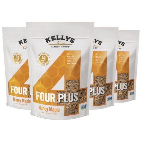 Kellys Four Plus Granola Cereal | Honey Maple Healthy Granola for Yogurt | Hand Made Organic Snacks for Breakfast - 12 oz (Pack of 4)