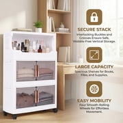 SHegdu Stackable Storage Bins 3 Tier Foldable Plastic Large Closet Organizer with Doors and Wheels for Snacks Toys Books Beverages Cosmetics Bedding (White Height-25 inches)