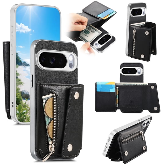 Corliven For Google Pixel 10 /10 Pro Back Cover Case with Card Pocket and Cash Slot,Black