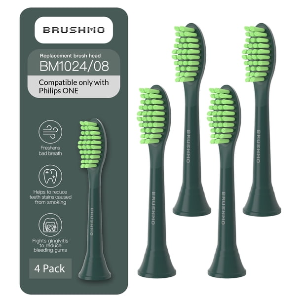 Brushmo Cabezales de Repuesto One con Limpiador de Lengua, Compatibles Únicamente con Philips One by Sonicare, Cerdas Suaves DuPont, Paquete de 4, Color Verde Salvia.
