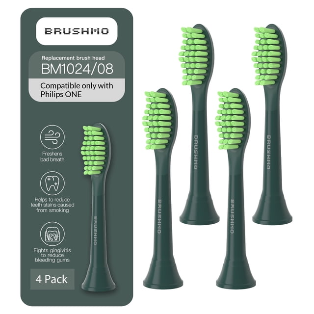 Brushmo Cabezales de Repuesto One con Limpiador de Lengua, Compatibles Únicamente con Philips One by Sonicare, Cerdas Suaves DuPont, Paquete de 4, Color Verde Salvia.