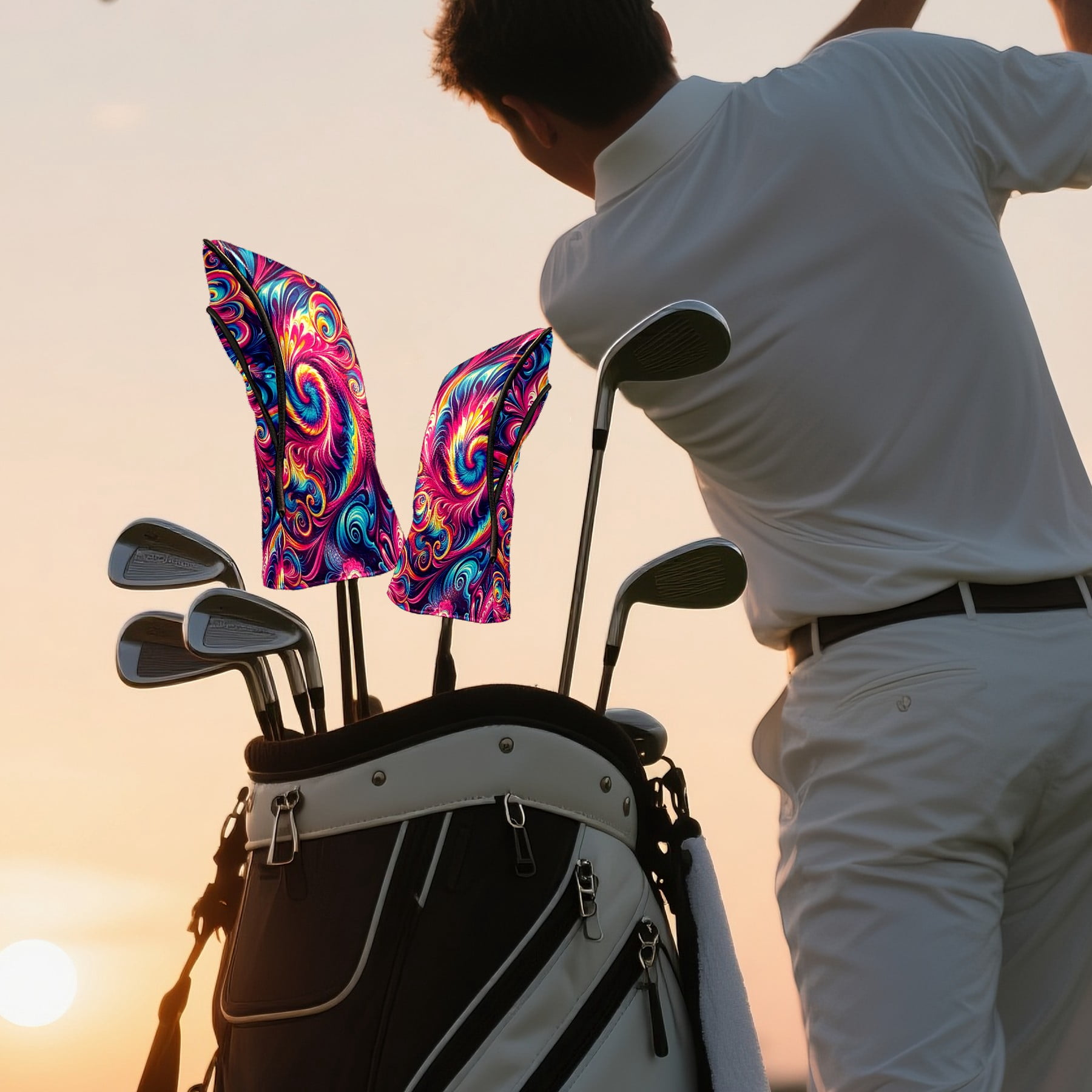 Golf Club Covers, Vibrant Swirl Pattern Premium PU Leather Driver Hybrid Putter Head Covers with Velvet Lining, Waterproof Golf Gifts for Men Women