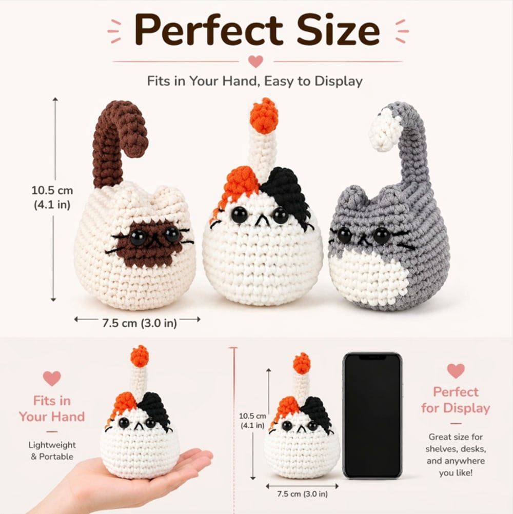 3 Pack Cat Crochet Kit for Beginners, Cat Amigurumi Starter Set with Step by Step Video Tutorials, TIKA