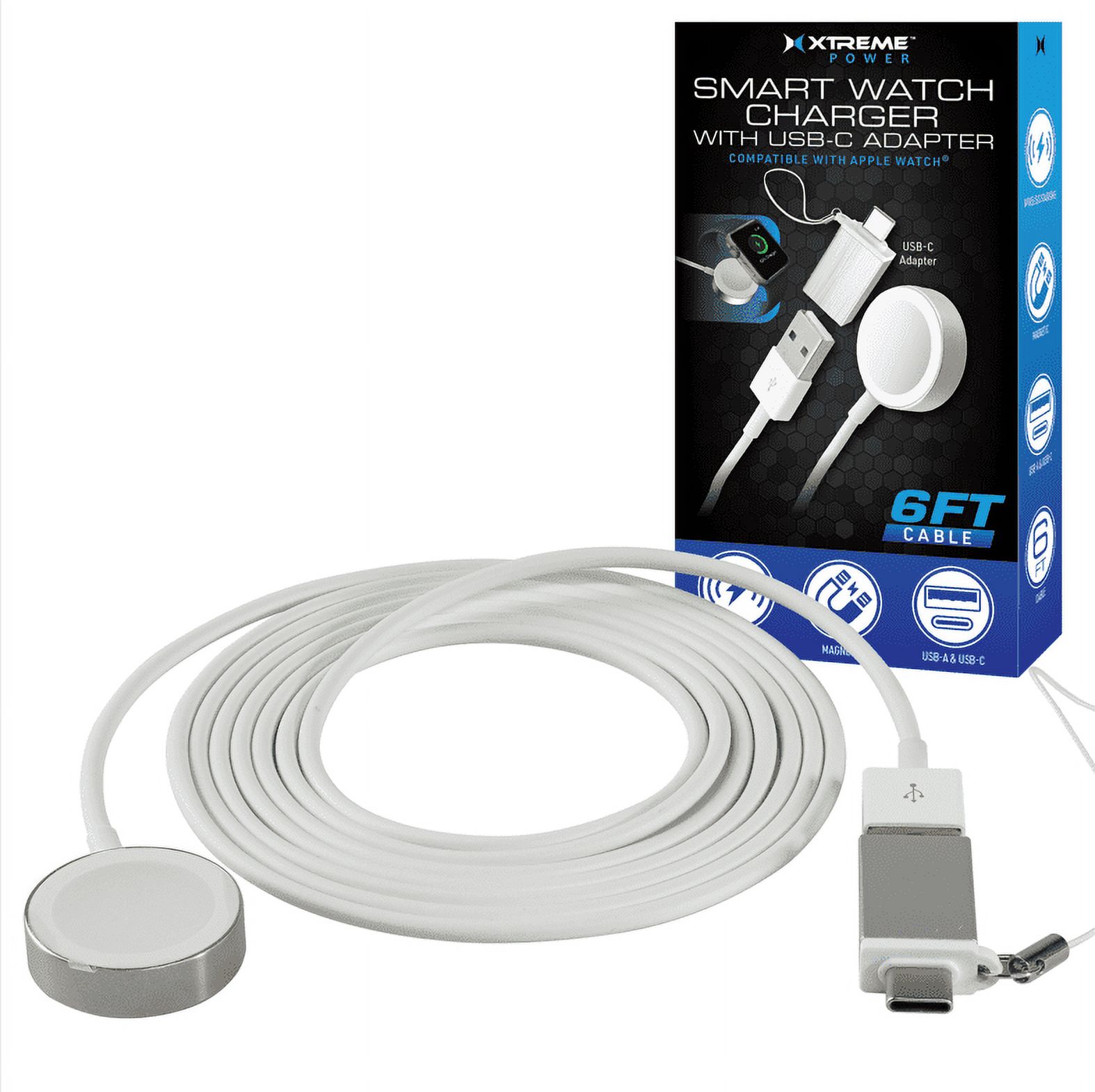 Xtreme Smart Watch Charger w/ 6-Foot Magnetic Wireless Charging Cable for Apple Watch Series, White