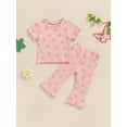 thumbnail image 4 of Mevireiy Toddler Baby Girls Daisy Floral Ribbed Flared Long Pants Two Pieces Outfits Short Sleeve T Shirt Tops, 4 of 9