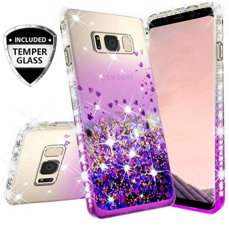 Compatible for Samsung Galaxy S7 Edge Case, with [Temper Glass Screen Protector] SOGA Diamond Glitter Liquid Quicksand Phone Cover Cute Girl Women Phone Case [Clear/Purple]