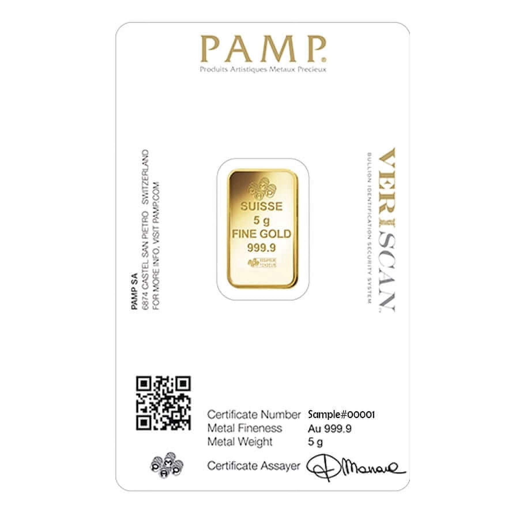 5 Gram Gold Bar PAMP Suisse Lady Fortuna Veriscan .9999 Fine (in Assay)
