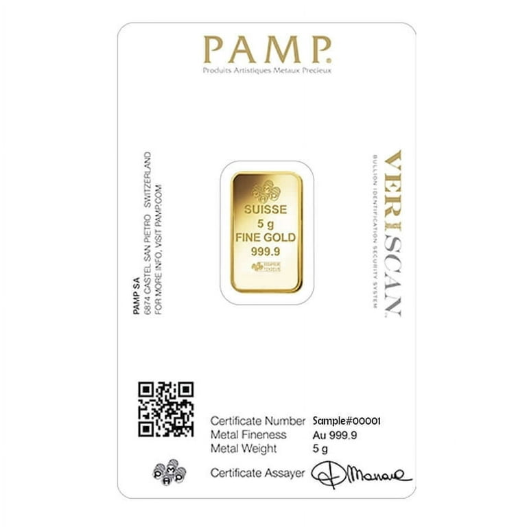 PAMP, 5 Gram Gold Bar, Lady Fortuna Design, .9999 Fine, Veriscan