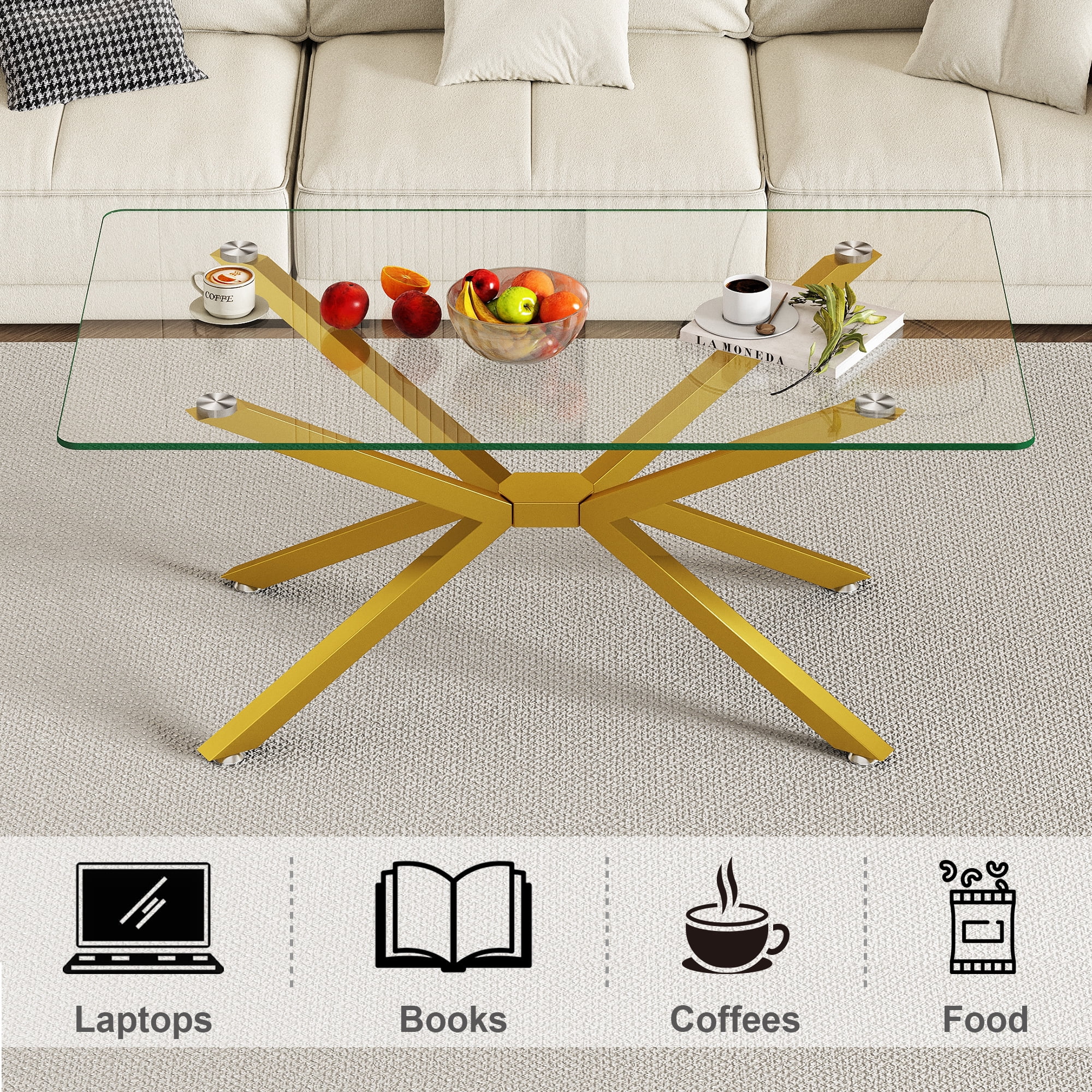 Euroco 39.37" Rectangular Clear Tempered Glass Coffee Table,Stylish Design with Gold Metal Legs, Coffee Table for Living Room