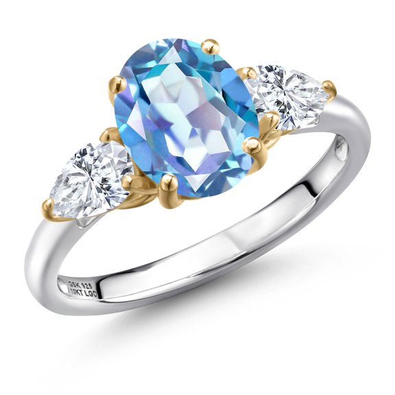 Gem Stone King 925 Silver and 10K Yellow Gold Millennium Blue Mystic Quartz and White Moissanite Engagement Ring for Women | 2.60 Cttw | Oval 9X7MM | Gemstone Birthstone | Size 8