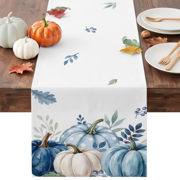 Blue White Pumpkins Fall Table Runner - 36 Inch Long Thanksgiving Eucalyptus Leaf Cotton and Linen Blended Dress Scarves Farmhouse Table Runner for Kitchen Dining, Coffee Table, 13" x 36"