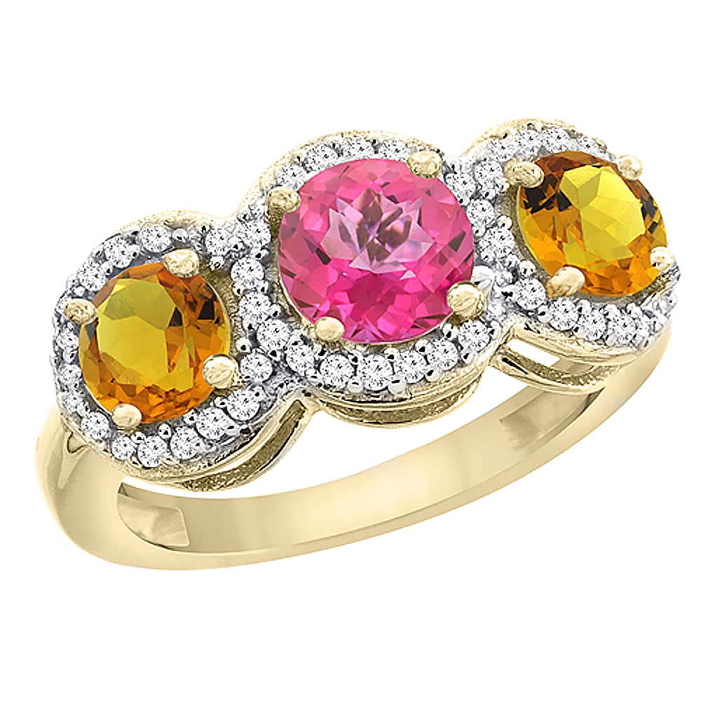 14K Yellow Gold Natural Pink Topaz & Citrine Sides Round 3-stone Ring Diamond Accents, size 5.5 by Gabriella Gold