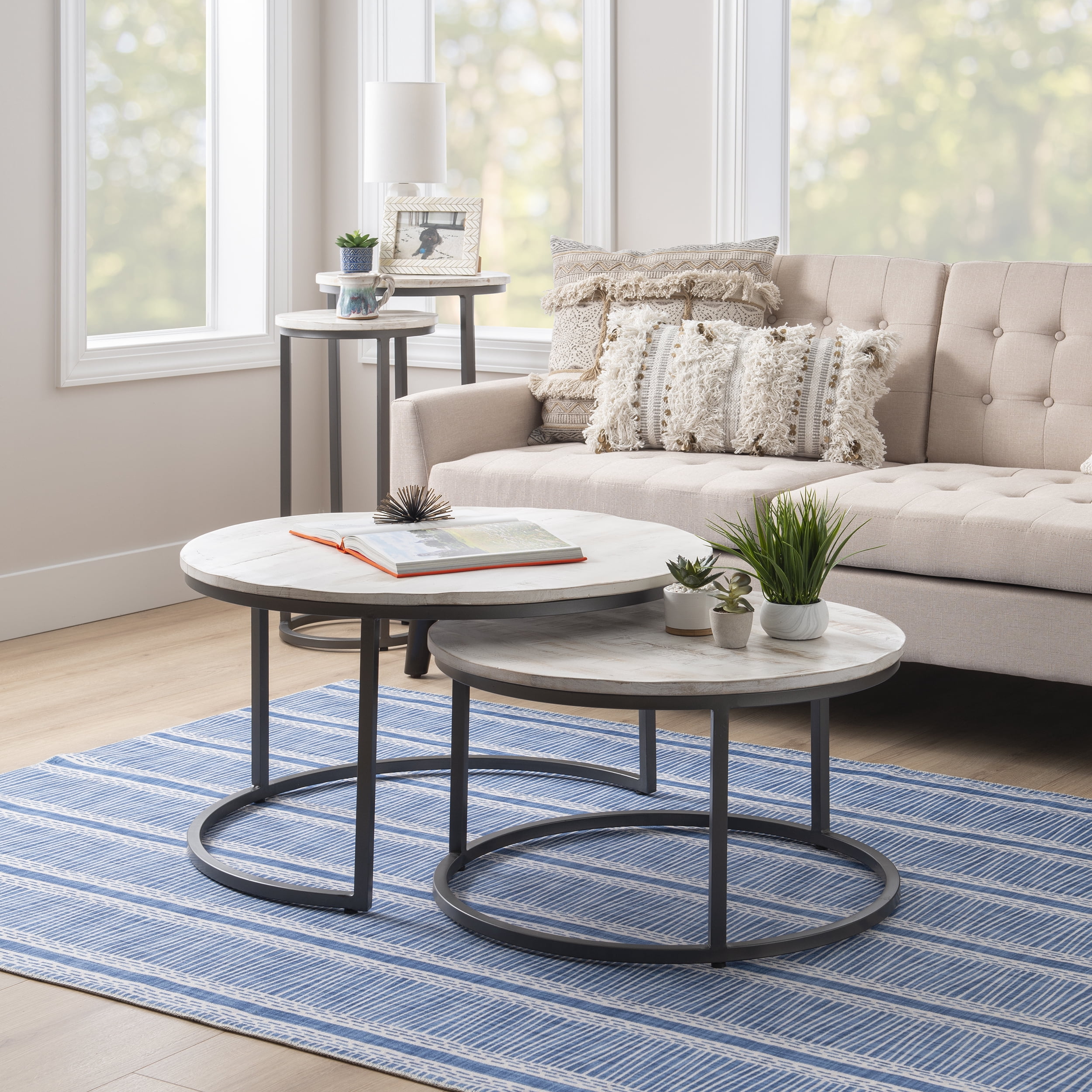 Darden Bohemian Nesting Coffee Tables, Set of 2, Dark Gray Base with White Wood Top