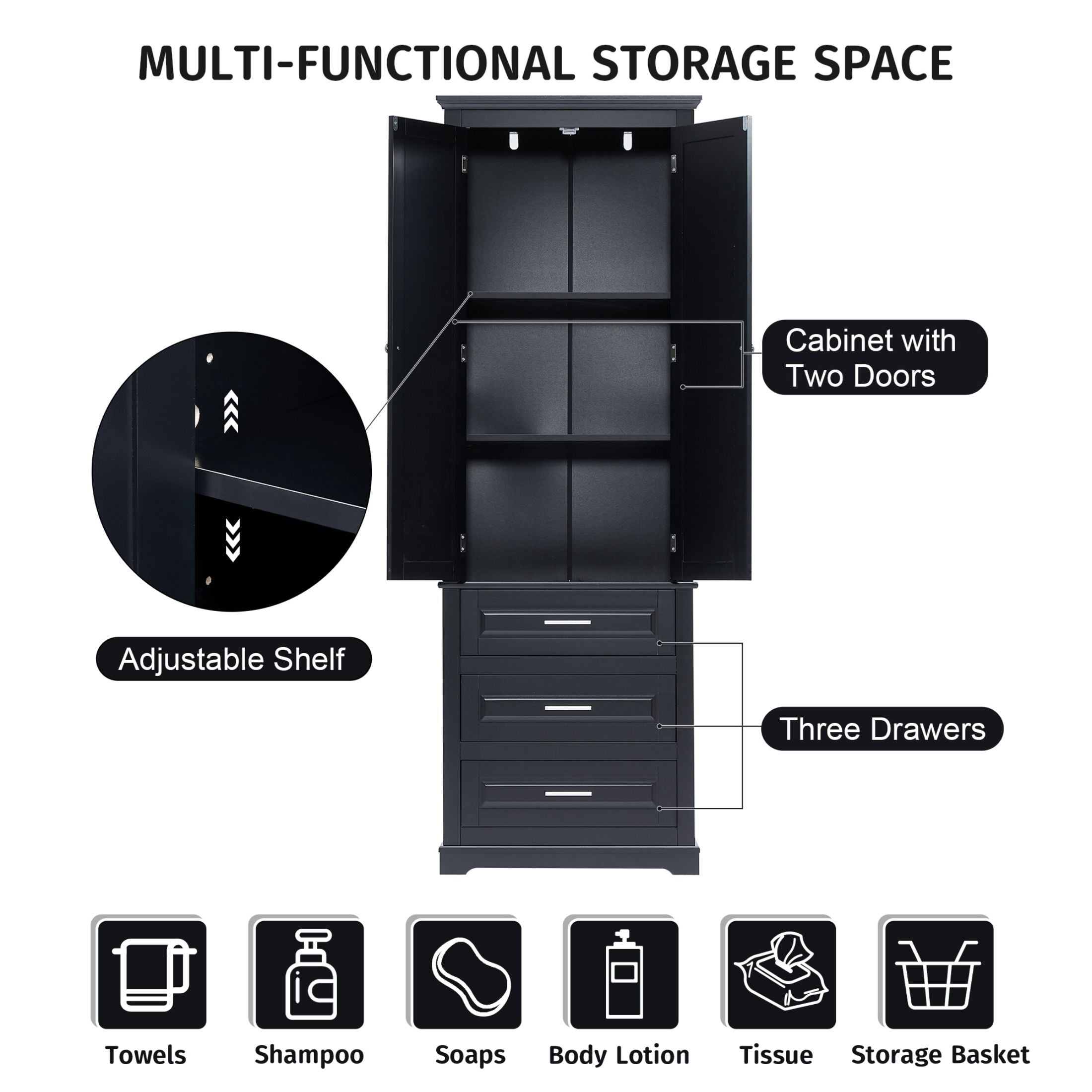DEALTOPS Stylish Spacious Storage Cabinet with 3 Drawers and Adjustable Shelf for Bathroom, Living Room, Black