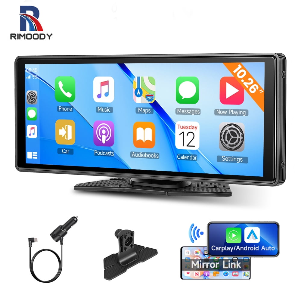 Rimoody 10.26-inch Portable Car Stereo with Wireless Apple CarPlay and Android Auto, HD IPS Touchscreen, Voice Control, for 7V–32V Vehicles