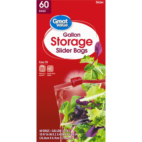 Great Value Fresh Seal Slider Zipper Bags, Gallon Storage, 60 Count